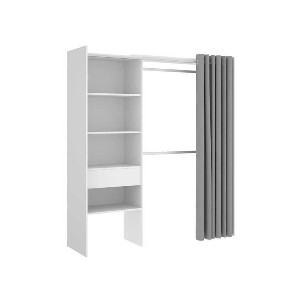 Dressing extensible avec rideau + 1 tiroir - Décor Blanc - L 160-113