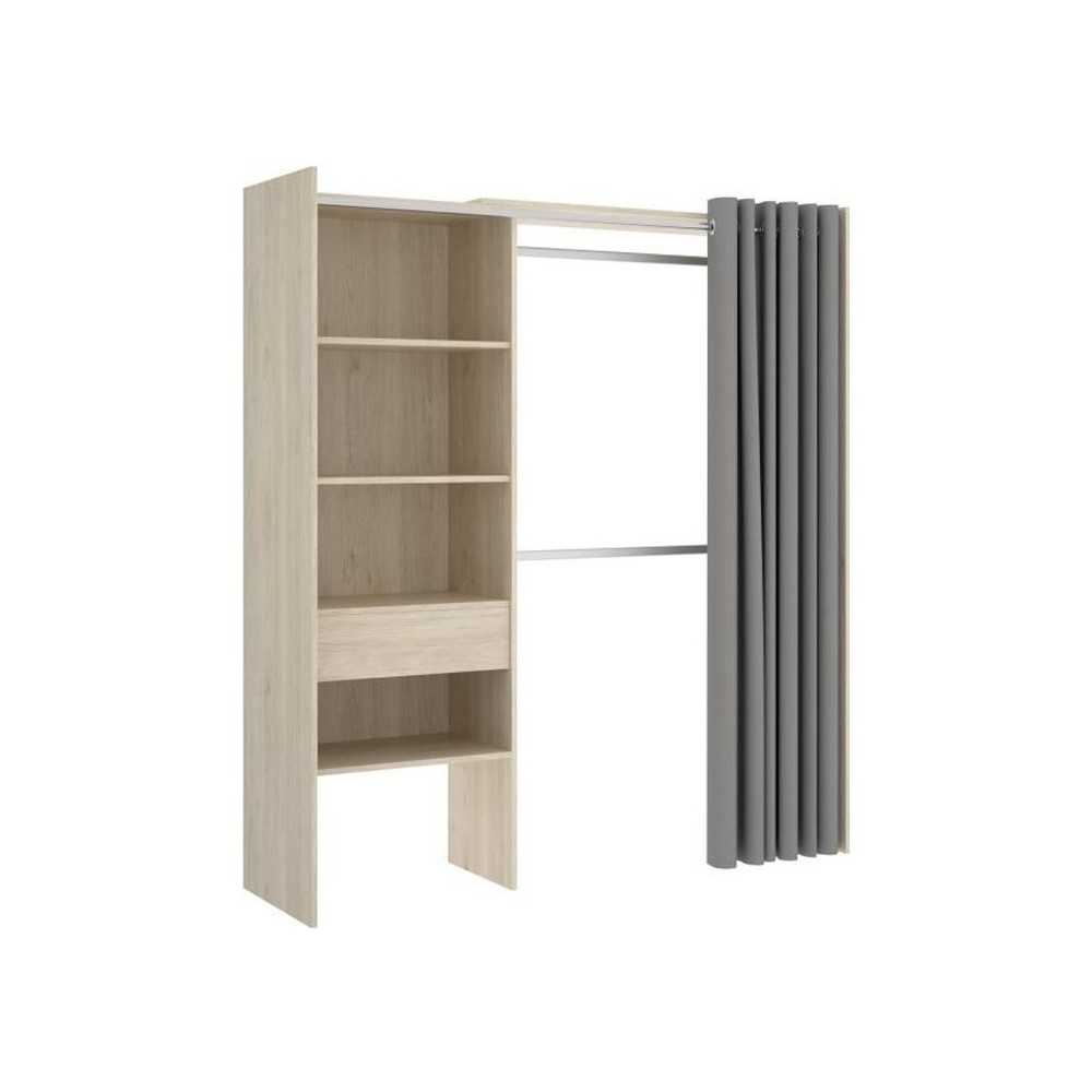 Dressing extensible avec rideau + 1 tiroir - SUIT - Décor chene natur