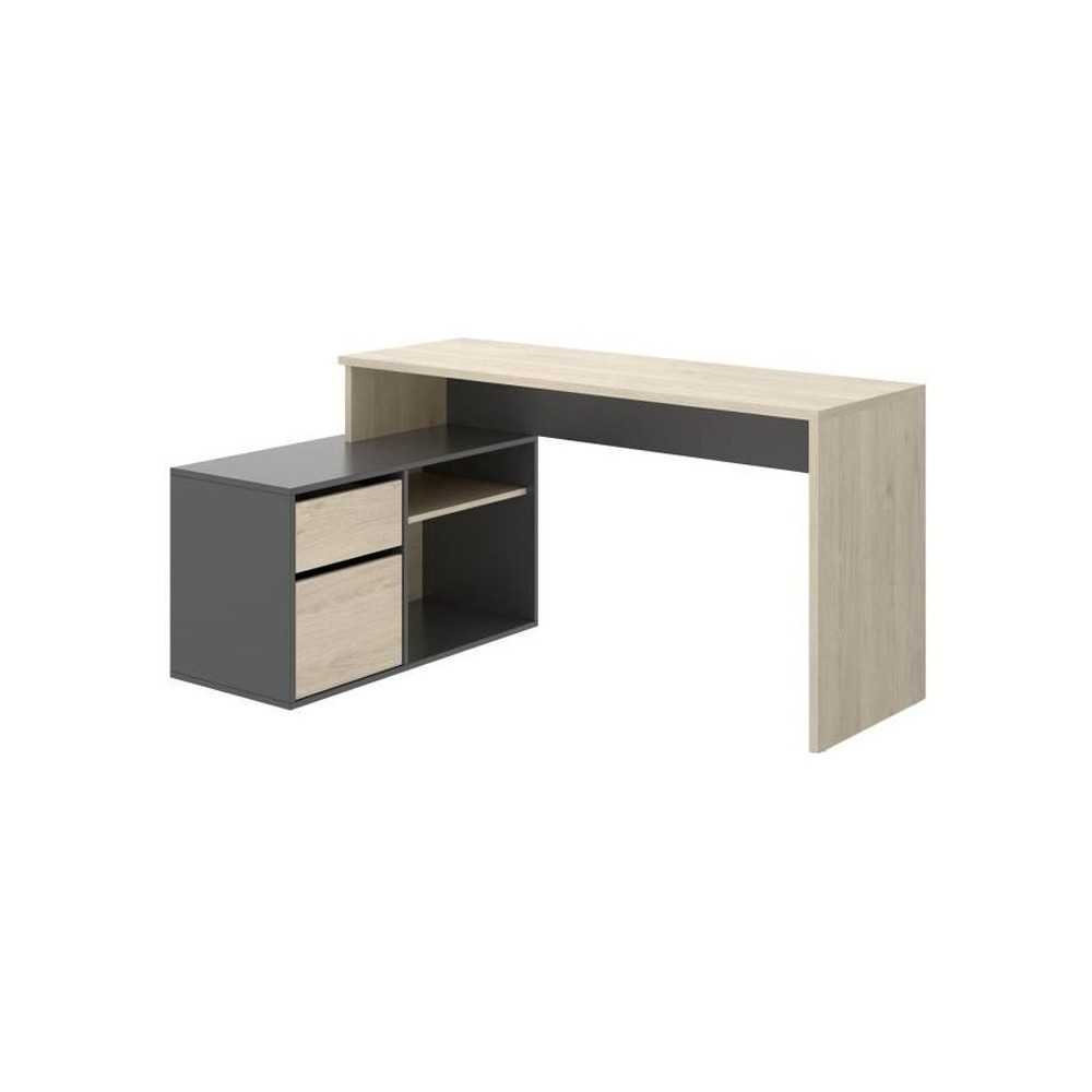 Bureau d'angle reversible 1 tiroir + 1 porte - Décor chene et gris -