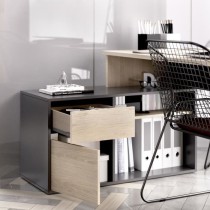 Bureau d'angle reversible 1 tiroir + 1 porte - Décor chene et gris -