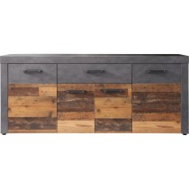 Buffet bas INDY 4 Portes et 1 Tiroir - Mélaminé bois vieilli et gris