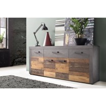 Buffet bas INDY 4 Portes et 1 Tiroir - Mélaminé bois vieilli et gris