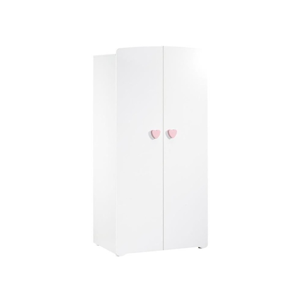 Armoire bébé Basic - MDF - Blanc - 2 portes - Bouton coeur rose - 85