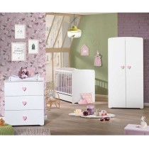 Armoire bébé Basic - MDF - Blanc - 2 portes - Bouton coeur rose - 85