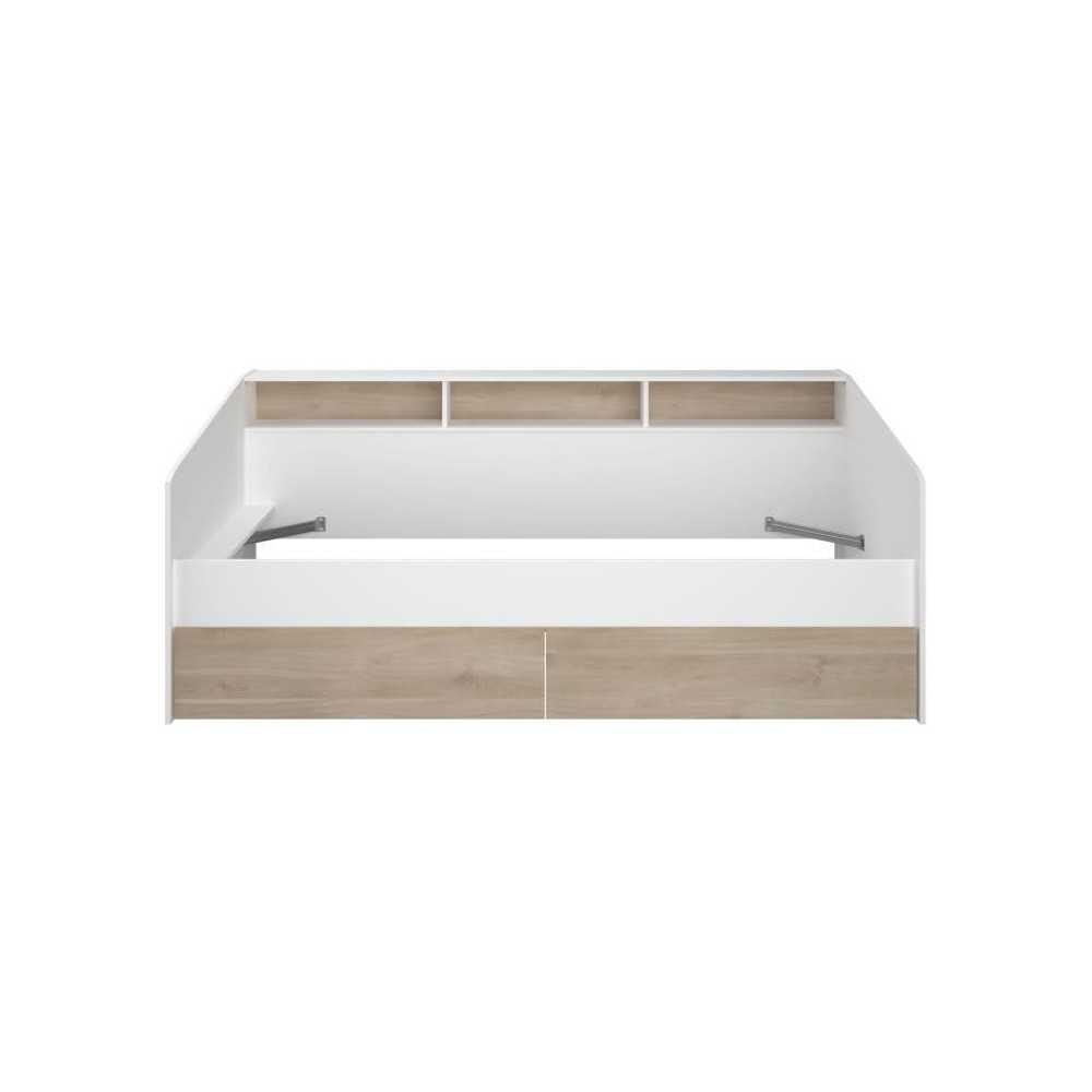 Lit banquette 2 tiroirs 90 x 200/190 cm - MDF - Mat décor chene et bl