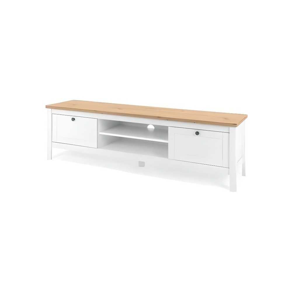 Meuble TV 2 tiroirs - Décor chene artisan et blanc - L 160 x P 45 x H