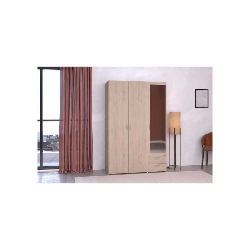 Armoire VARIA - Décor chene et blanc - 3 portes - 2 tiroirs - Porte d