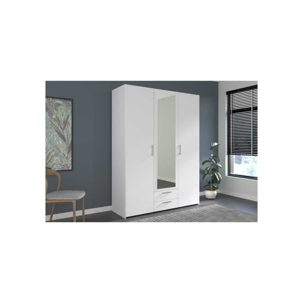 Armoire VARIA - Décor blanc - 3 portes + 2 tiroirs + miroir - L 150 x