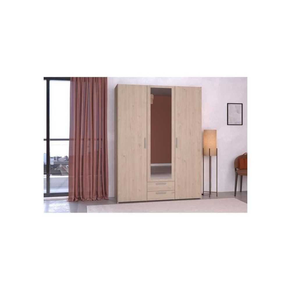 Armoire VARIA - Décor chene - 3 portes + 2 tiroirs + miroir - L 150 x