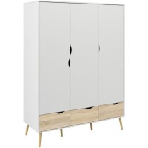 Armoire - Blanc / Chene - 3 portes / 3 tiroirs - Pietement évasé en