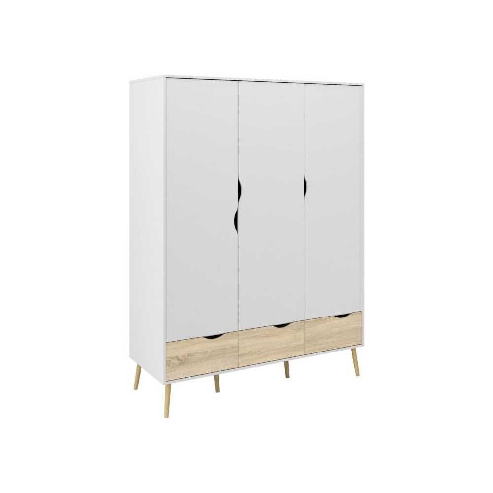 Armoire - Blanc / Chene - 3 portes / 3 tiroirs - Pietement évasé en