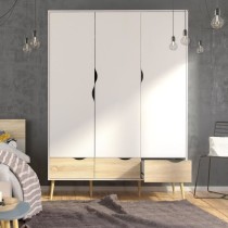 Armoire - Blanc / Chene - 3 portes / 3 tiroirs - Pietement évasé en