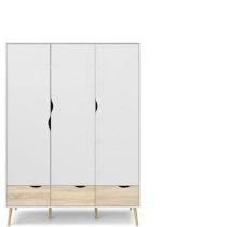 Armoire - Blanc / Chene - 3 portes / 3 tiroirs - Pietement évasé en