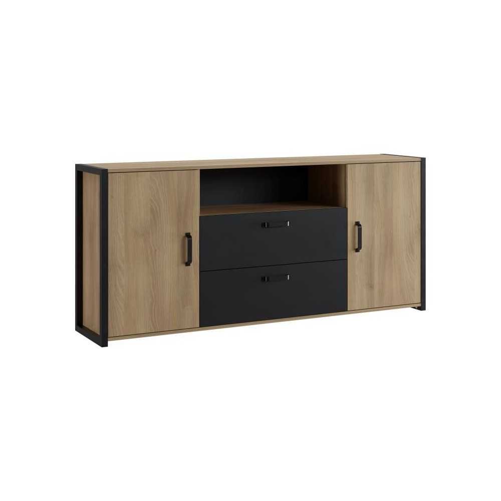 Buffet Mélaminé chene et noir - style industriel - L 180x40 x 84 cm