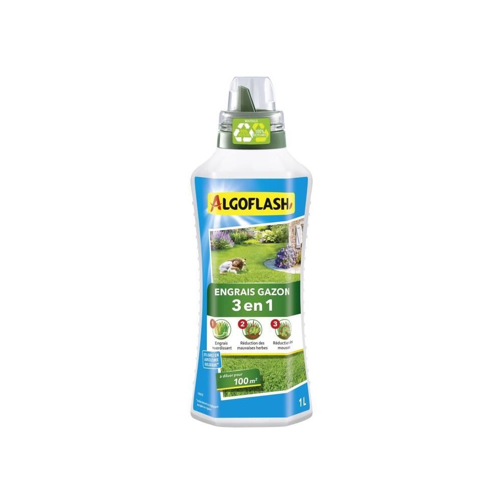 Engrais Gazon Liquide 3 en 1 - Algoflash - Concentré 1 L