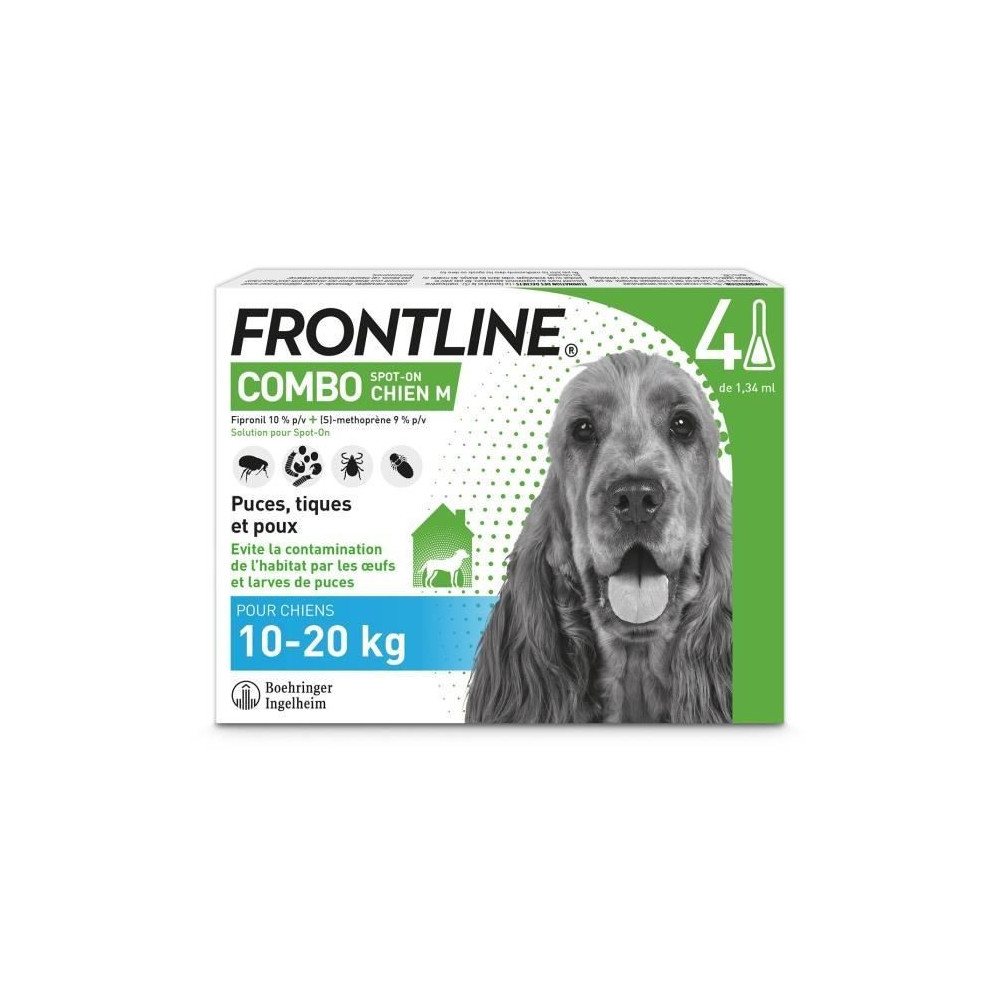 FRONTLINE Combo Chien M - 10 a 20 kg - 4 Pipettes - Puces tiques et po