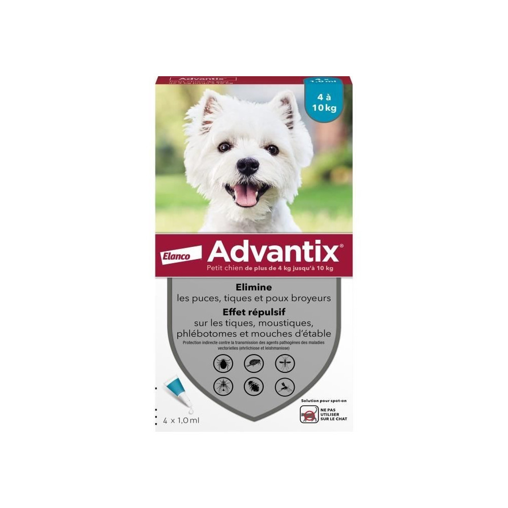 ADVANTIX Chien Solution Antiparasitaire Petite Race 4 a 10kg 4 pipette