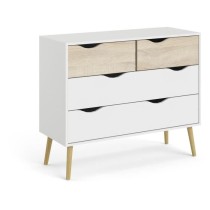 Commode 4 tiroirs - Blanc / Chene - Pietement évasé en bois massif -