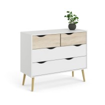 Commode 4 tiroirs - Blanc / Chene - Pietement évasé en bois massif -