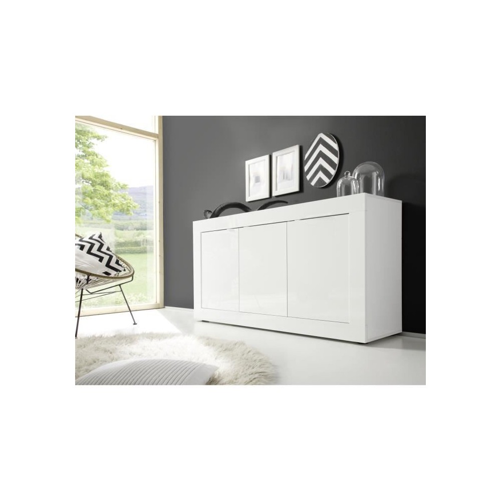 Buffet BASICO - Décor blanc laqué brillant - 3 Portes - L160 x P42 x