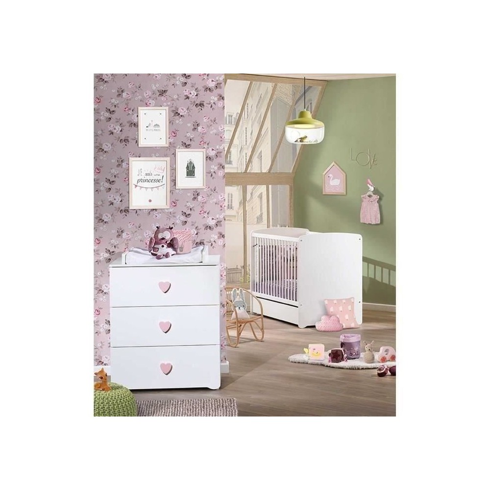 Chambre bébé duo Basic coeur: lit 120x60, commode a langer - Babypri