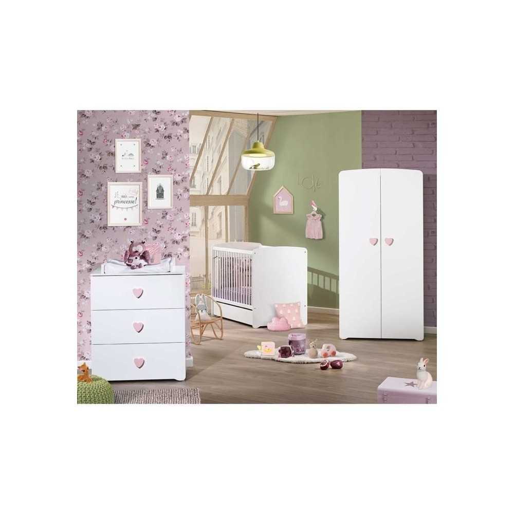 Chambre bébé trio Basic coeur: lit 120x60, commode a langer et armoi