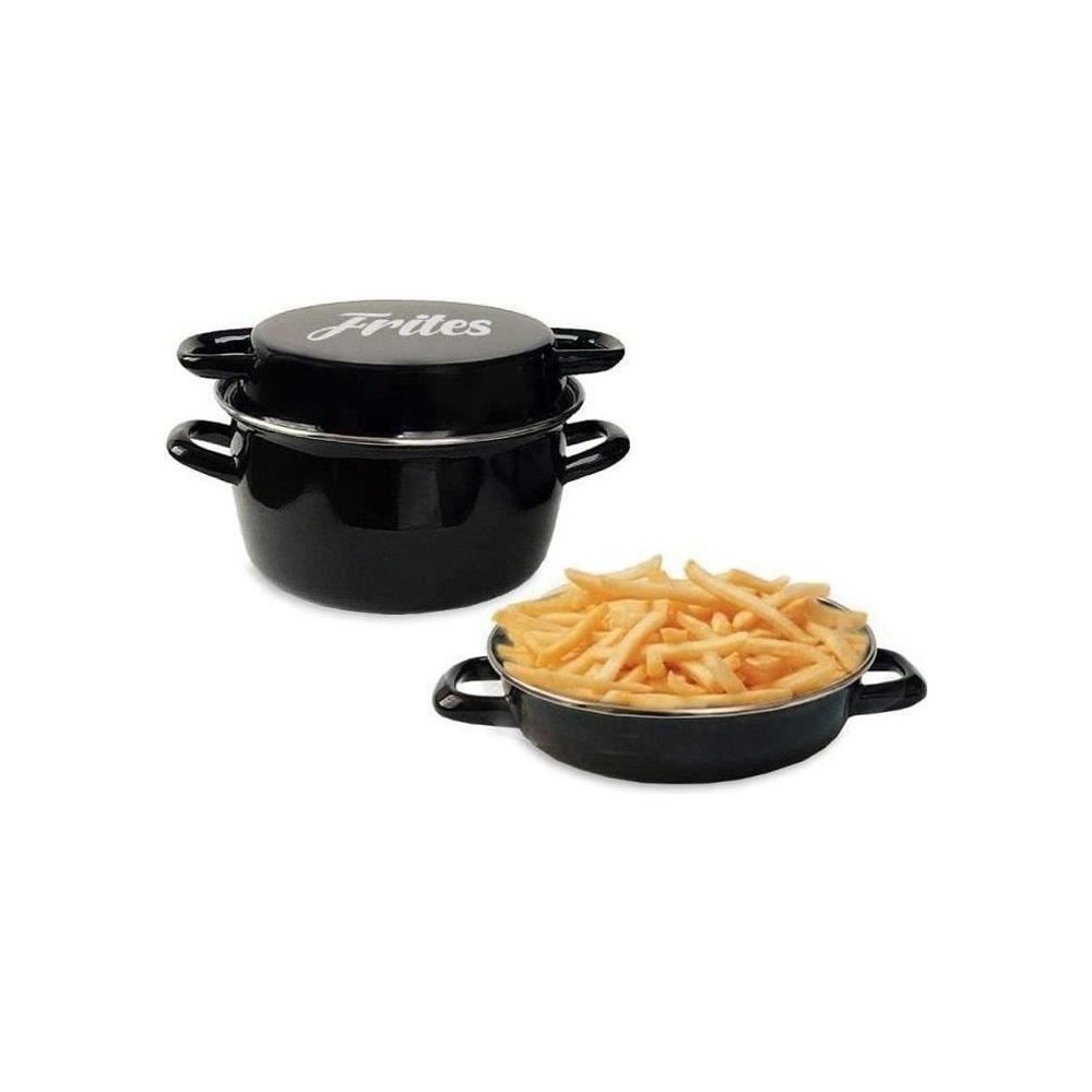 Friteuse émail 26 cm noire avec panier et couvercle verre