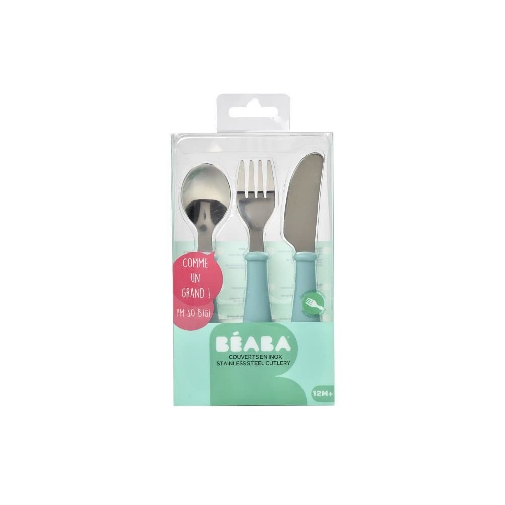 BEABA, Set de 3 couverts inox airy green