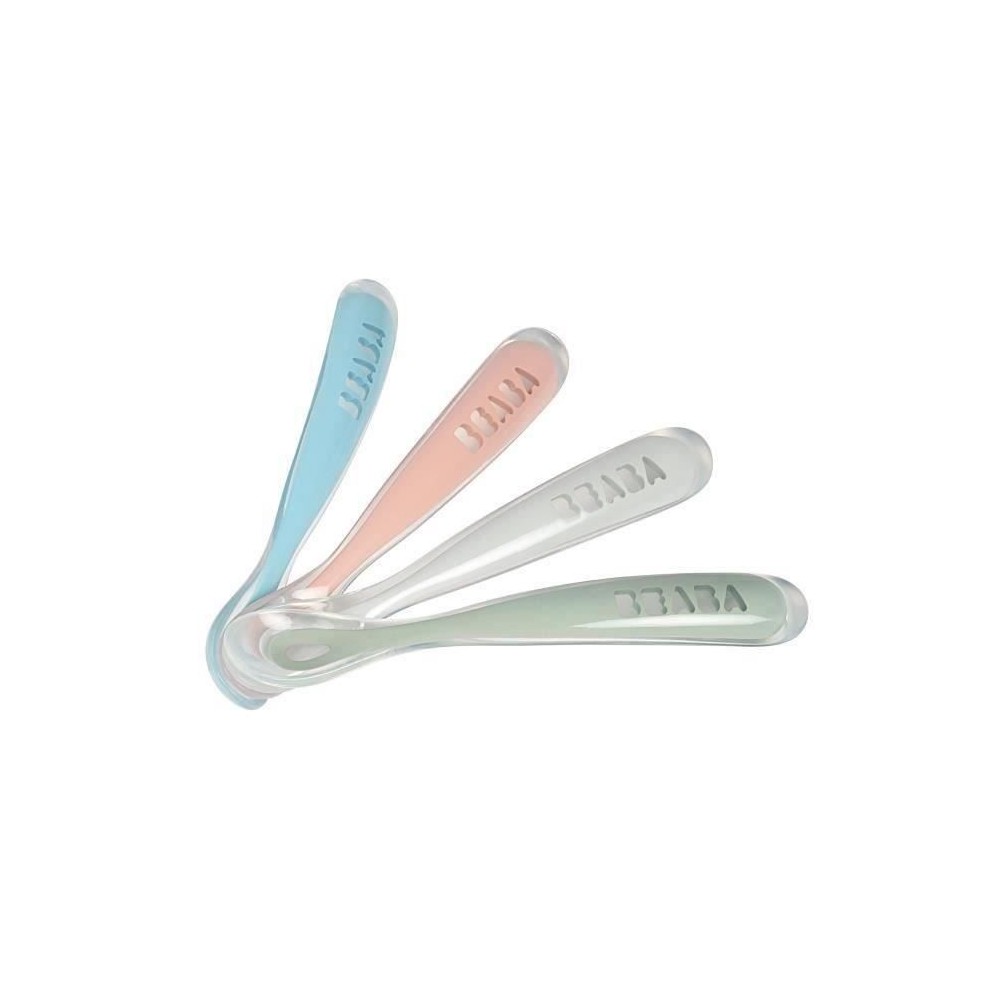 Cuilleres 1er âge en silicone - BEABA - Lot de 4 - Bleu, vert, rose -