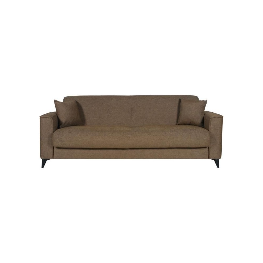 Canapé convertible 3 places - BERGAMO - Tissu marron - 2 coussins - c