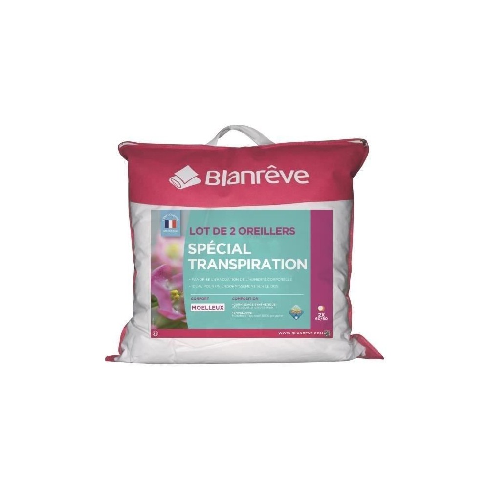 BLANREVE Lot de 2 Oreillers Spécial Transpiration - 60 x 60 cm - Blan