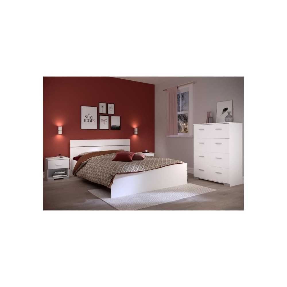 Chambre complete BOSTON : Lit adulte 140x190 + Commode + 2 Chevets - D