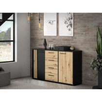 Buffet CARDIGAN 2 portes, 4 tiroirs - Décor chene artisan et noir - L