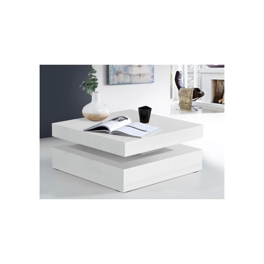 Table basse plateau rotatif - Carré Blanc brillant - 78 x 78 x 36 cm