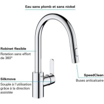 GROHE Robinet de cuisine évier Get, robinet avec douchette extractible, bec en forme de U, inverseur 2 jets, Supersteel, 314840