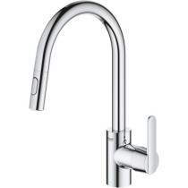 GROHE Robinet de cuisine évier Get, robinet avec douchette extractible, bec en forme de U, inverseur 2 jets, Supersteel, 314840