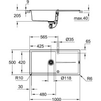 GROHE Evier composite avec égouttoir K400 1000 x 500 mm Gris granite 31641AT0