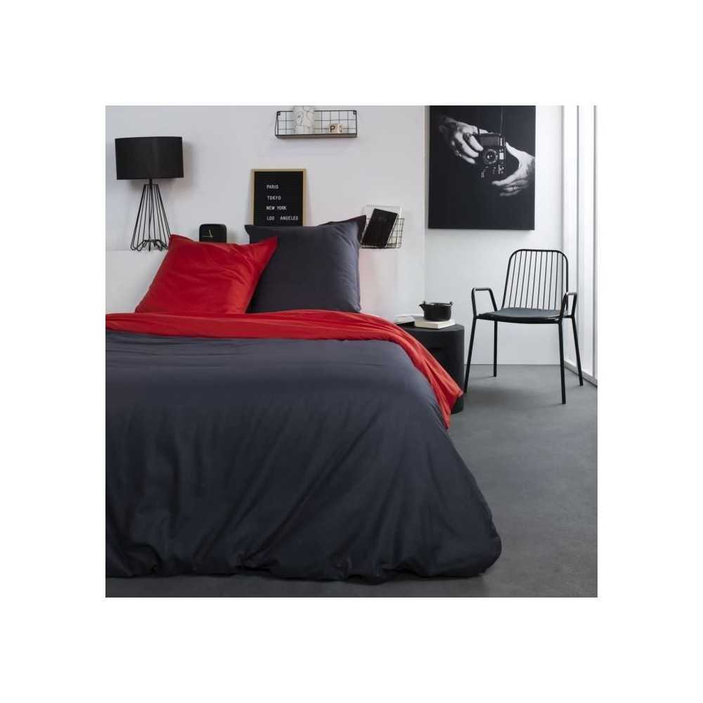 TODAY Parure de lit Coton 2 personnes - 240x260 cm - Bicolore Gris et Rouge Alix