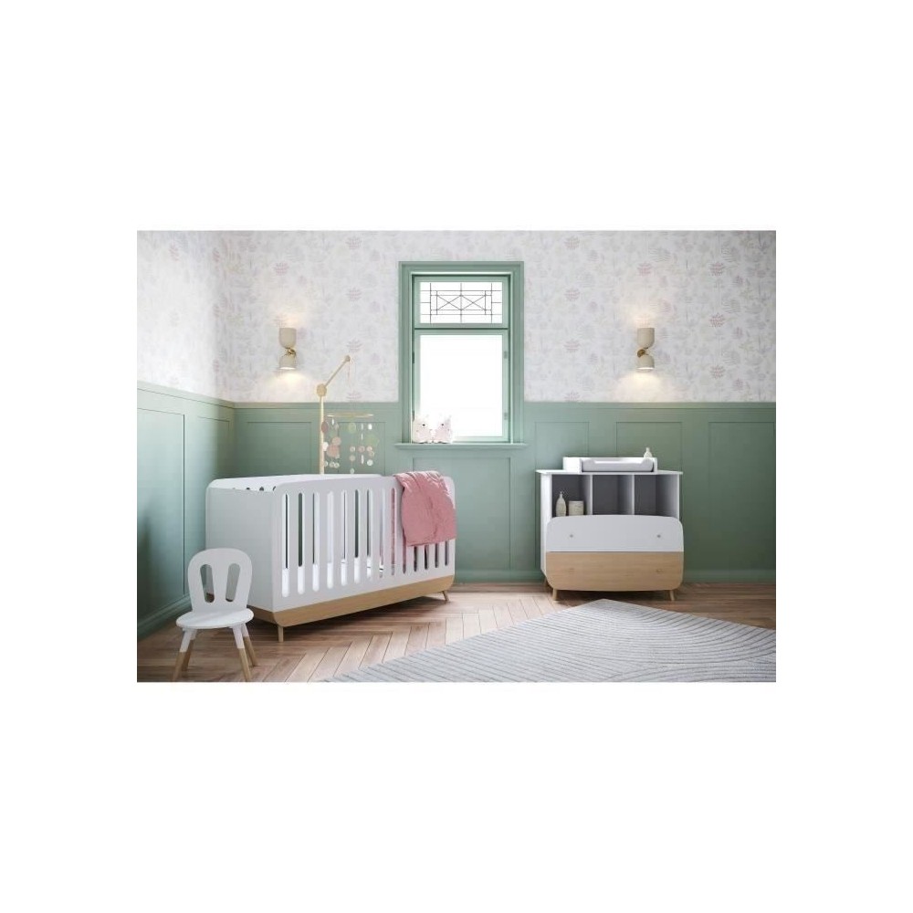 Ens. lit bébé 70 x 140 Kit évolutif, commode 2 tiroirs, 3 niches et