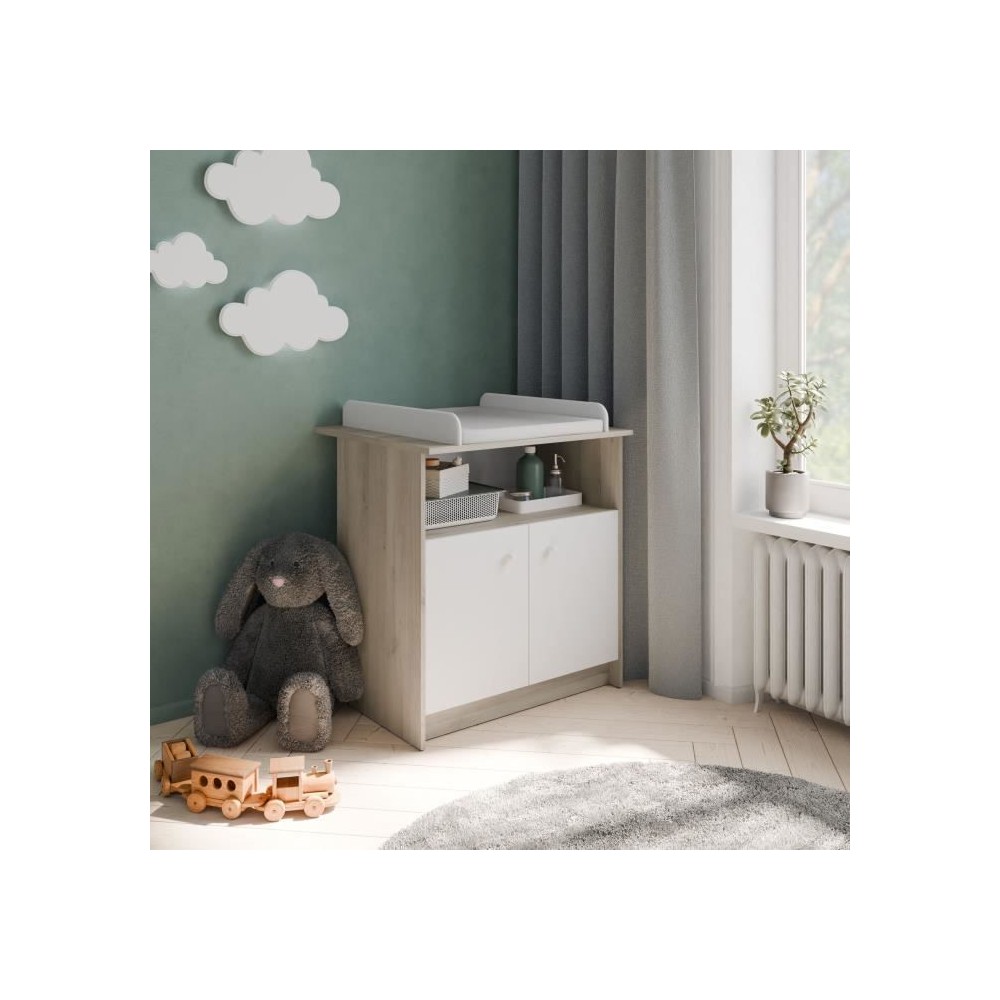 Commode a langer 2 portes, 1 niche - HELICIA - Blanc mat & Chene kronb