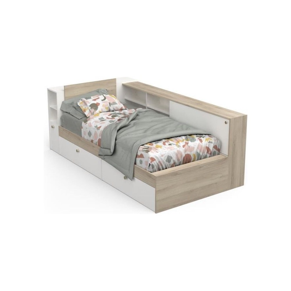 Lit enfant LIFE 1 personne - 90x190/200 - Rangements - Décor Chene et