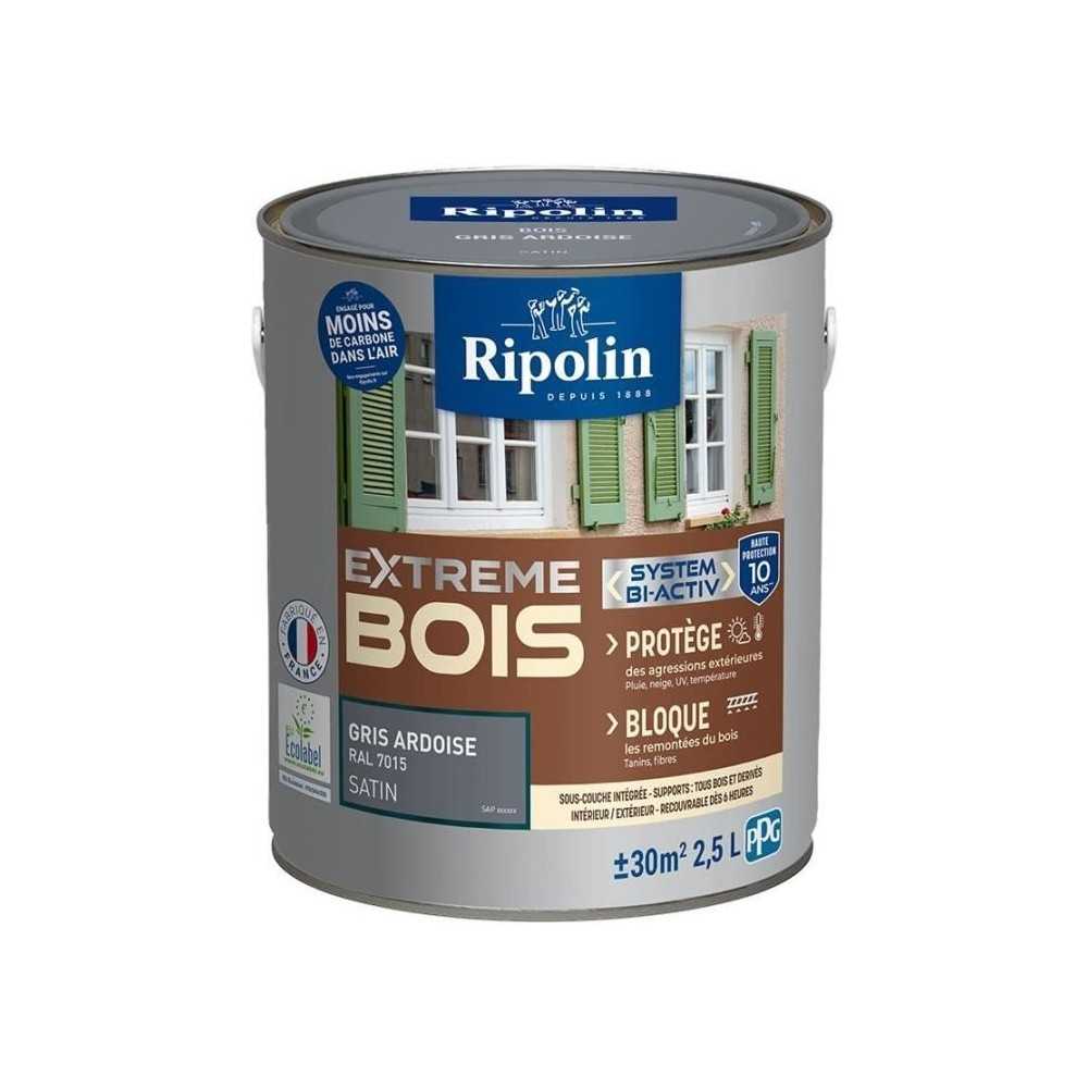 Peinture pour Bois -Intérieur/Extérieur - RIPOLIN - Ultra-couvrante - Résiste aux Intempéries, UV,Chocs -Satin - Gris Ardois