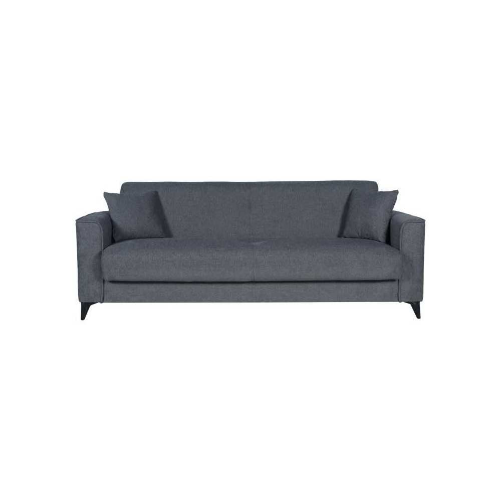 Canapé convertible 3 places - BERGAMO - Tissu gris foncé - 2 coussins - coffre de rangement - 230 x 85 x 89 cm