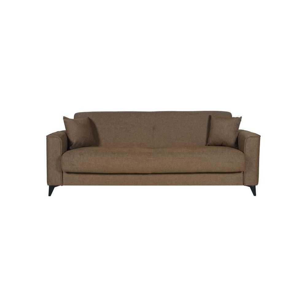 Canapé convertible 3 places - BERGAMO - Tissu marron - 2 coussins - coffre de rangement - 230 x 85 x 89 cm