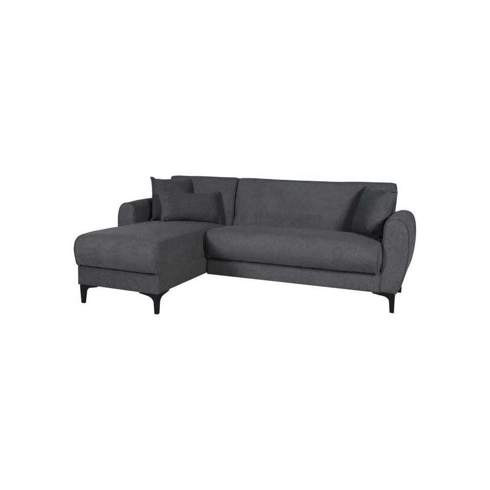 Canapé d'angle convertible réversible - 3 / 4 personnes - BILBAO - Coffre - 3 coussins - Tissu Gris foncé - 229 x 81 / 154 x