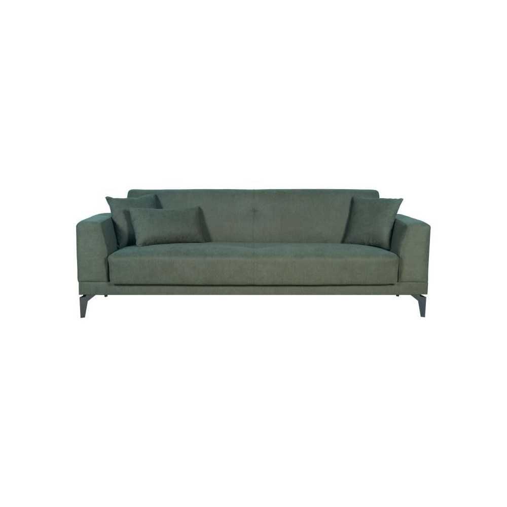 Canapé convertible 3 places - HENRY - Tissu vert foncé - 3 coussins - coffre de rangement - 234 x 85 x 84 cm