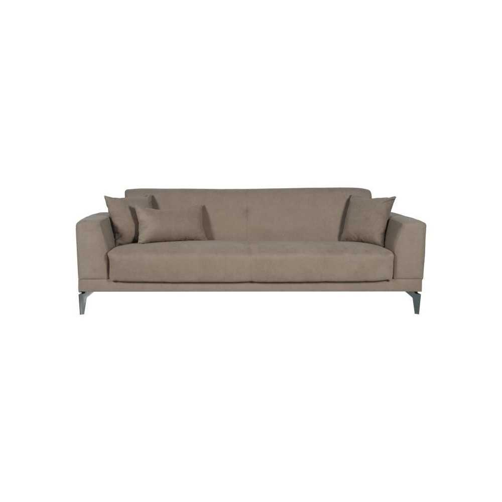 Canapé convertible 3 places - HENRY - Tissu marron - 3 coussins - coffre de rangement - 234 x 85 x 84 cm