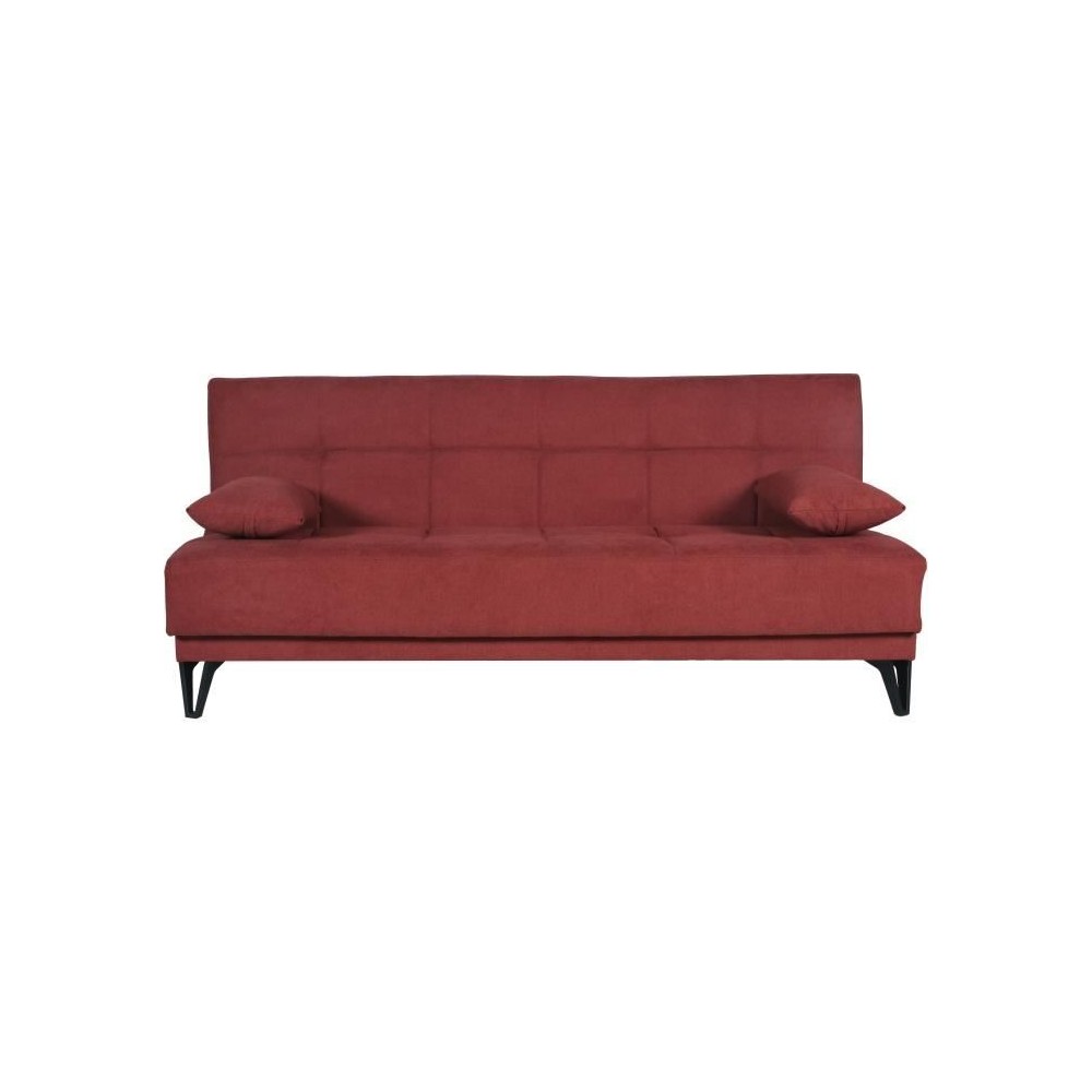 Banquette convertible 3 places - LIMRA - Tissu rouge - 2 coussins - Coffre de rangement - 190 x 87 x 87 cm