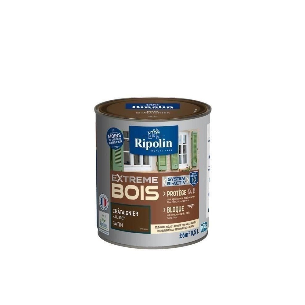 RIPOLIN Peinture Bois Satin Haute Protection 10 ans qui Protege et Magnifie vos Bois - Châtaignier