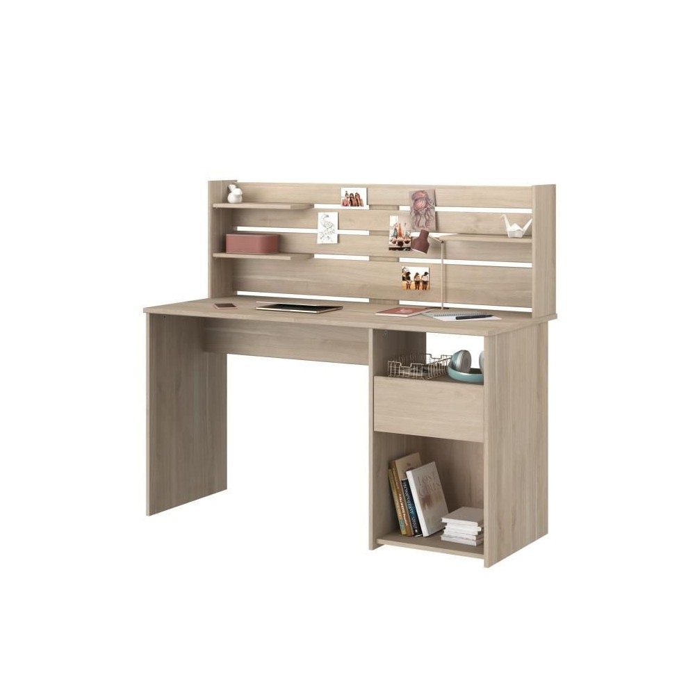 Bureau avec réhausse ESCALE - Décor chene - L 138 x P 60 x H 120 cm